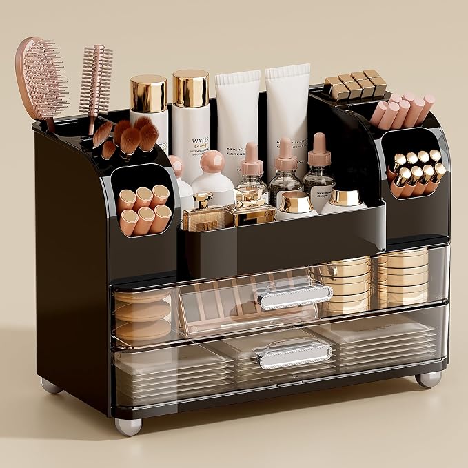 UFORU Makeup Organizer for Vanity with 2 Large Drawers, Cosmetic Display Case with Brush Holders, Easy to Storage for Bathroom Countertop Skincare, Perfume, Black