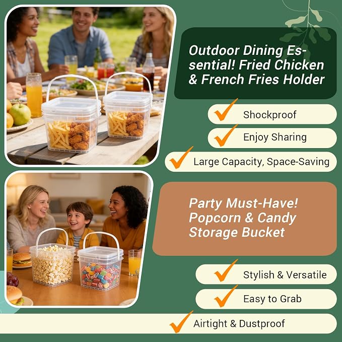 Food Storage Buckets with Lids - 4 Set Square Clear Plastic Containers, Airtight Pressure Seal & Handle for Kitchen Freezer Prep (Clear, 34 oz)