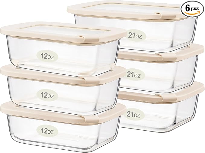 Glass Food Storage Containers with Glass Lids, Microwave Safe Food Container Set, Aitight Meal Prep Container Set, LeakProof, 100% Plastic Free, 6 Pack