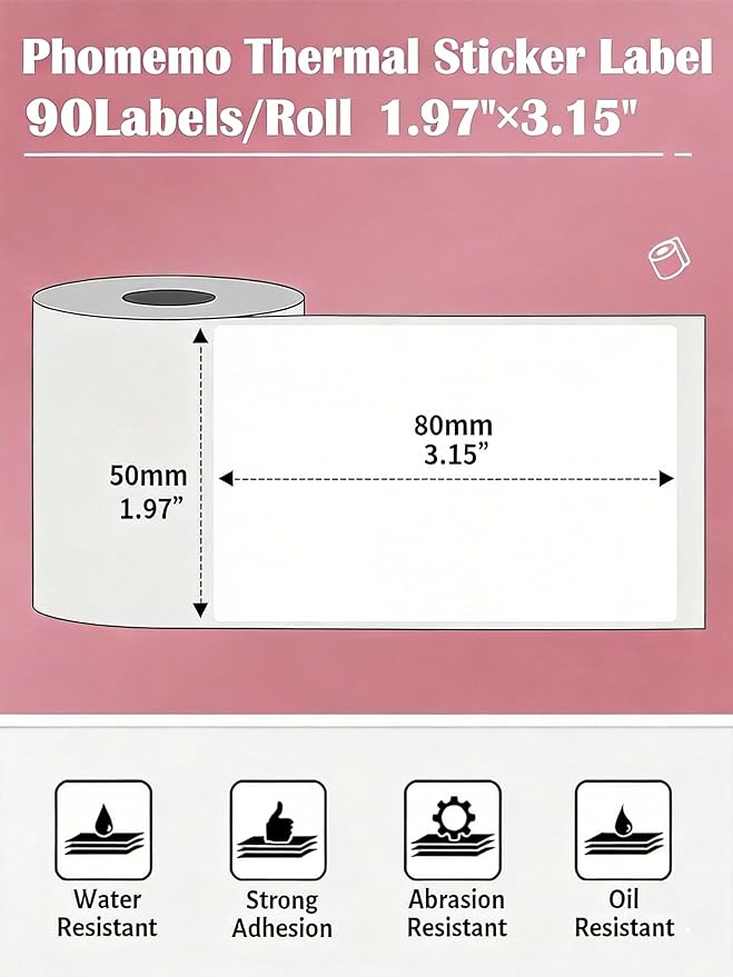 Phomemo Thermal Labels- Sticker Label for M110/M221/M220/M120/M200 Label Printer,1.97"x3.15"(50x80mm),100 Labels/Roll, Black on White