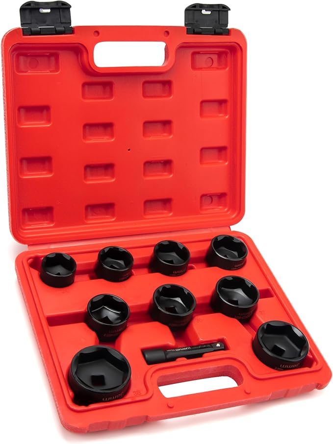 LLNDEI 10 Pieces 3/8" Drive Low Profile Oil Filter Socket Set, Oil Filter Cap Removal Tool kit, Metric(24mm-38mm) with 75mm Extension Bar, Cr-v Steel for Anti-Rust & Corrosion.