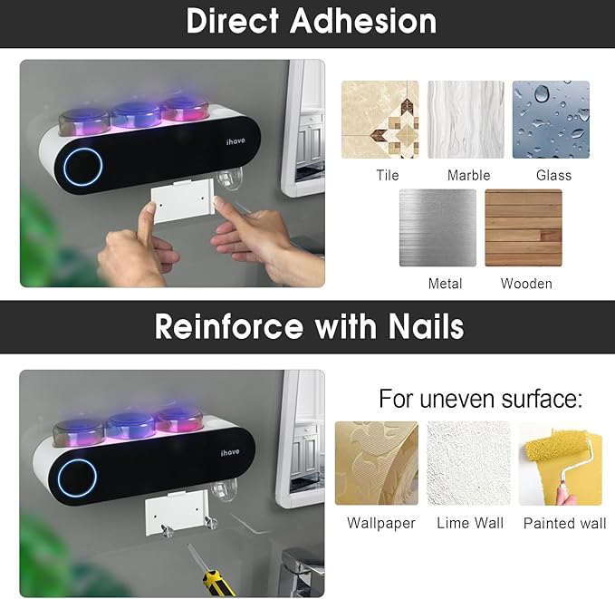 iHave Wall Mounted Electric Toothbrush Holders with 3 Cups, UV Sanitizer, Toothpaste Dispenser, Smart Home Bathroom Accessories & Decor, Black