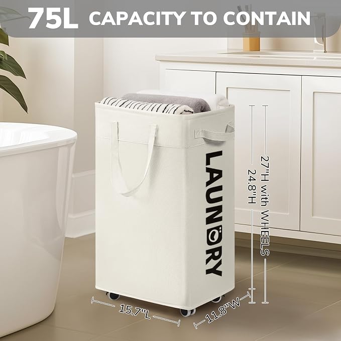 Goodpick Laundry Baskets with Wheels and Handle, 2-Pack 75L Collapsible Laundry Baskets, Clothes Laundry Basket with Removable Wash Bags for Corner Dorm, White Rolling Laundry Hamper