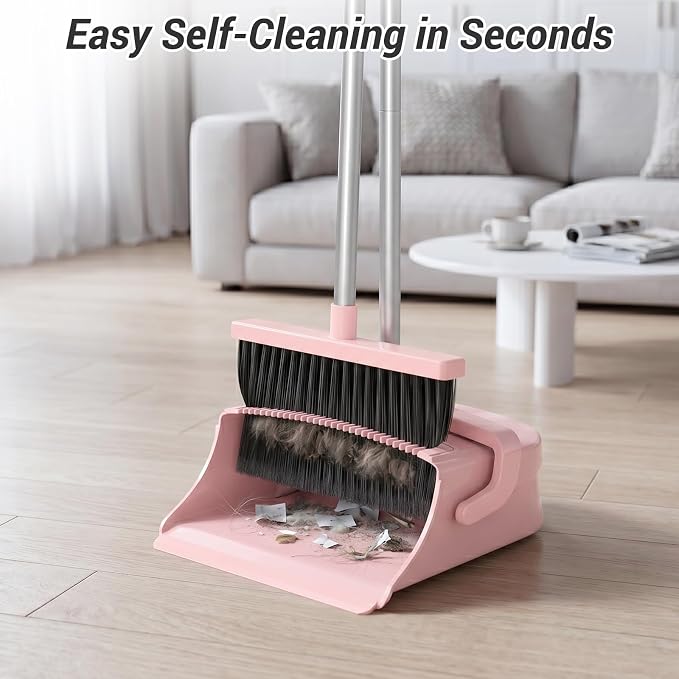 Broom with Dustpan Combo Set, Long Handle Upright Standing Self-Cleaning Broom and Dustpan Set for Pet Hair & Dust Cleanup, Indoor Outdoor Use for Home, Kitchen, Office, Pink