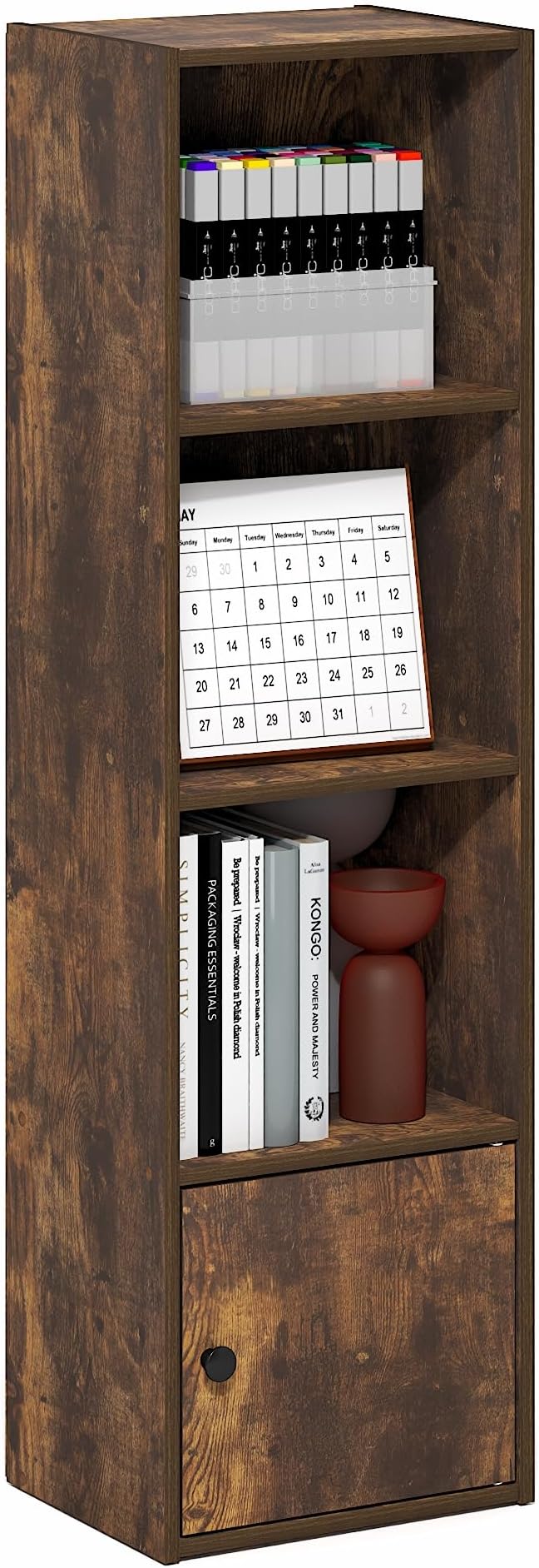 Furinno LUDER Book Shelf, 4-Tier Bookshelf with Open Shelf, Standing Bookcase with 1 Door Cabinet, 9.3 x 12 x 41.8, for Organization and Storage, for Living Room, Bedroom, Home Office, Amber Pine