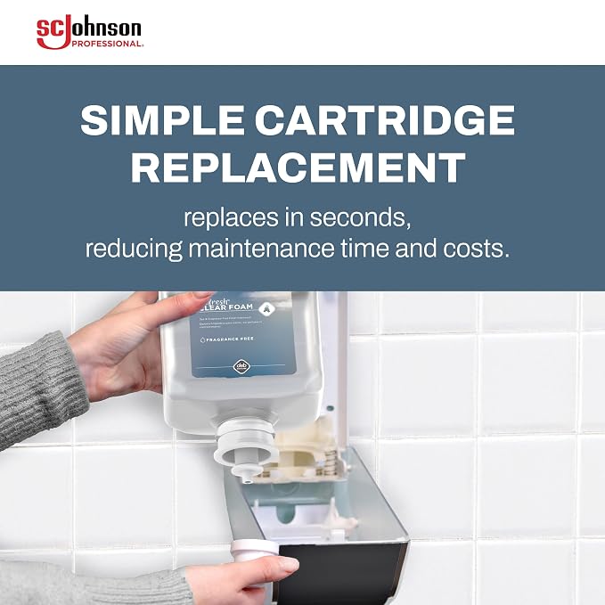 SC Johnson Professional Clear FOAM Dispenser and Refill Starter Kit, Wall Mount Soap Dispenser for Hand Soap, 1 Refresh Clear FOAM Hand Wash, 1 Liter Cartridge, 33.8 fl. oz., for Professional Use Only
