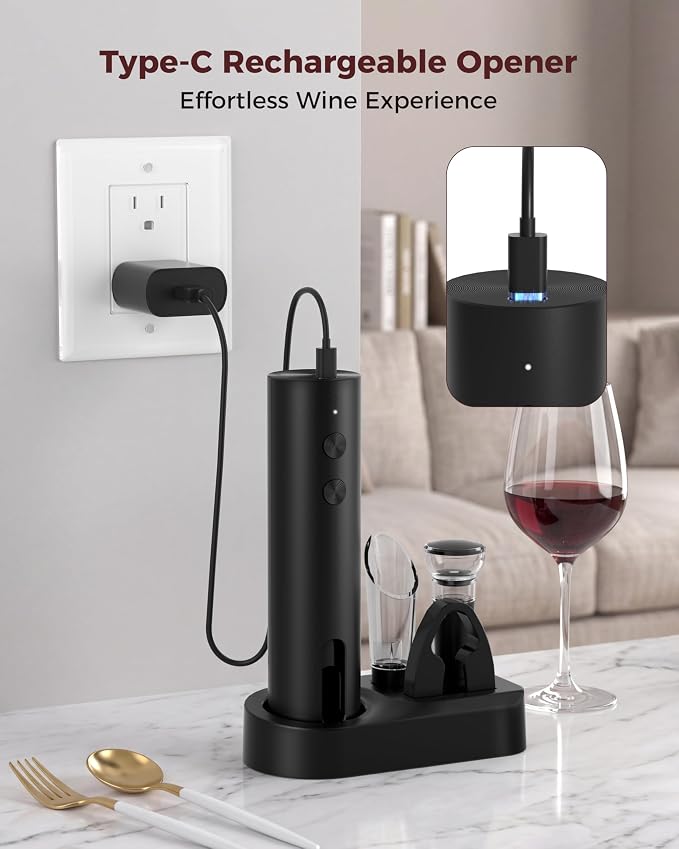 Rechargeable 5-in-1 Electric Wine Opener Set, Cordless Automatic Wine Bottle Opener with Foil Cutter, Aerator Pourer, Vacuum Stopper & Storage Base, Ideal for Home Bar, Party, Wedding Gifts