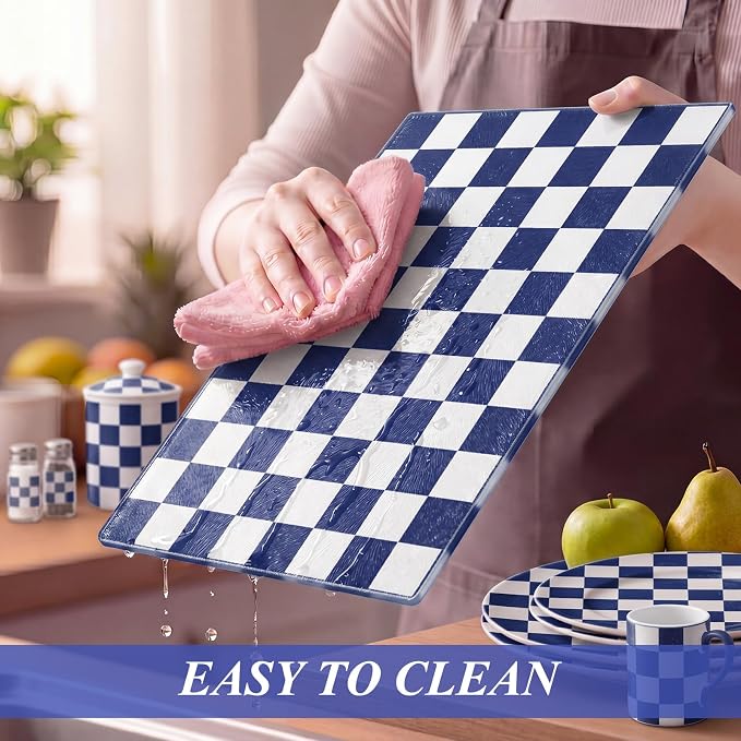 Thenshop Set of 2 Tempered Glass Cutting Boards Blue Check Countertop Cutting Boards Heat Resistant with Non-slip Feet for Kitchen Counter Housewarming Wedding Gift 7.9x11inch+11x15 Inch
