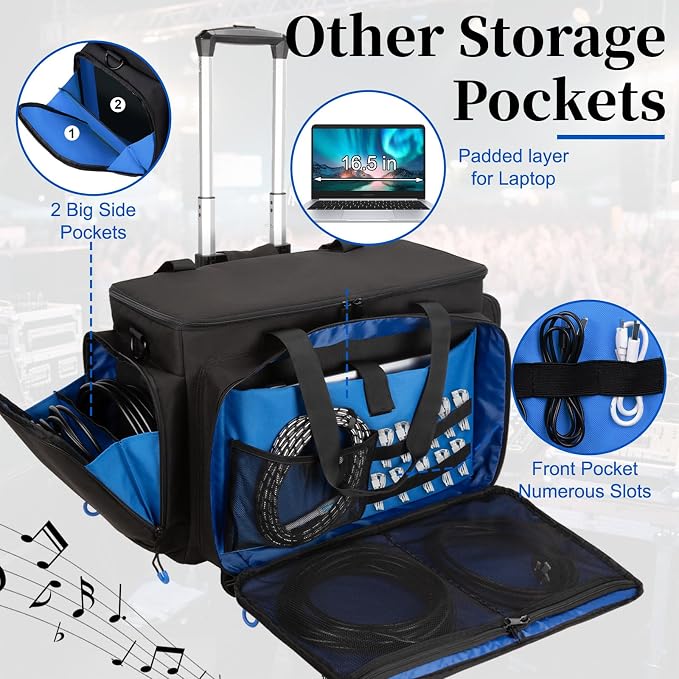 Rolling Dj Cable Bag with Laptop and Microphone Pocket, Dj Bag for Equipment and Music Accessories with Detachable Dividers, Bottom Pad, Dj Gig Bags for Musicians, Professional, Travel, Blue
