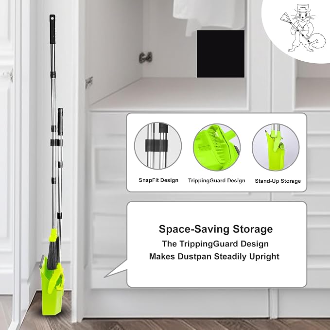 Tiumso Upgrade Broom with Dustpan Combo Set, Broom and Dustpan Set with 51'' Long Handle, Large Upright Brooms and Dust Pans, ZeroGap Lip, Self-Cleaning Teeth for Lobby and Restaurant - Light Green