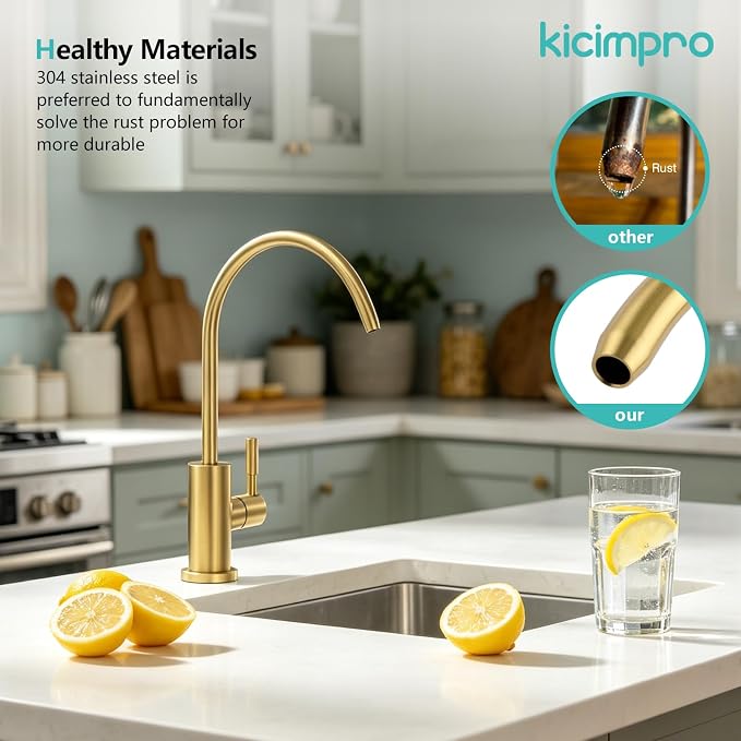 Gold Reverse Osmosis Faucet Kicimpro Kitchen Water Filter Faucet Non-Air-Gap Drinking Water Bar Faucet 304 Stainless Steel Gold Finish Lead-Free