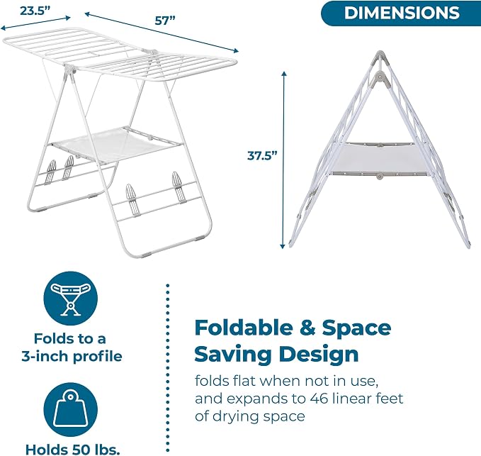 Honey-Can-Do Heavy-Duty Gullwing Clothes Drying Rack, 50 lb, White | Gullwing rack adds 46 ft of drying space with dedicated shoe bars. Sturdy metal, 50 lb capacity, folds flat.