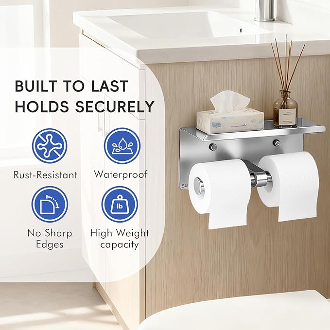 4 Pack Double Toilet Paper Holder with Shelf, Wall Mount Tissue Roll Holder for Bathroom, Heavy Duty 304 Stainless Steel Commercial Toilet Paper Dispenser with Phone Shelf - Brushed Nickel