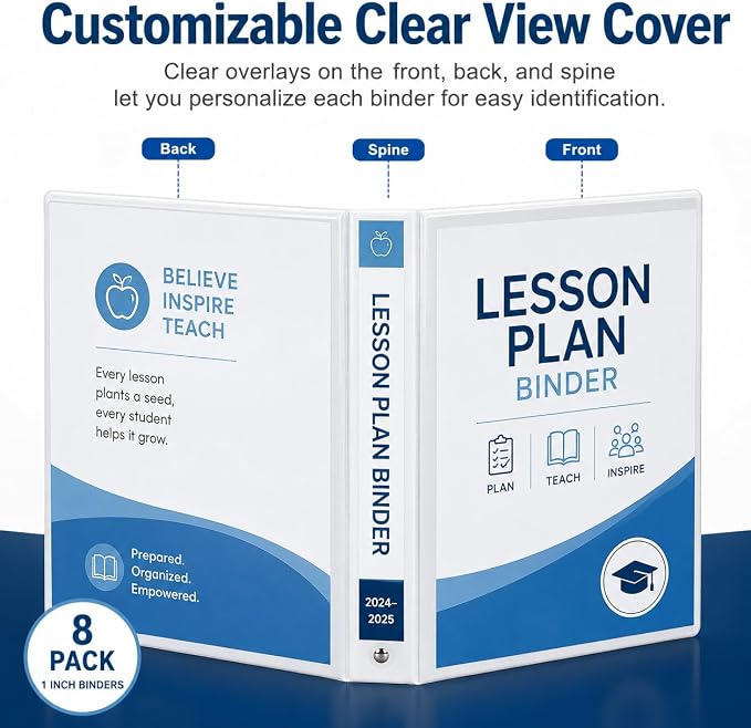 Durable 1 inch 3 Ring Binder White 8 Pack, PVC-Free Clear View Binder with 2 Interior Pockets, Holds 200 Sheets of 8.5" x 11" Paper for Teachers, Back to School,Home Office & Organization