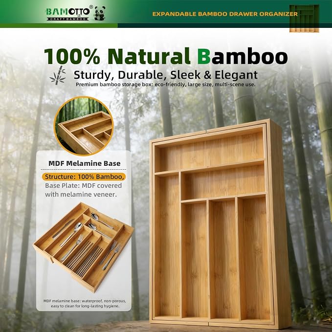 BAMOTTO CRAFTBAMBOO Expandable Bamboo Kitchen Drawer Organizer – Silverware Organizer, Utensil Holder & Cutlery Tray Drawer Dividers for Flatware (20"x16.9" Large Size, 8 Slot, Natural)