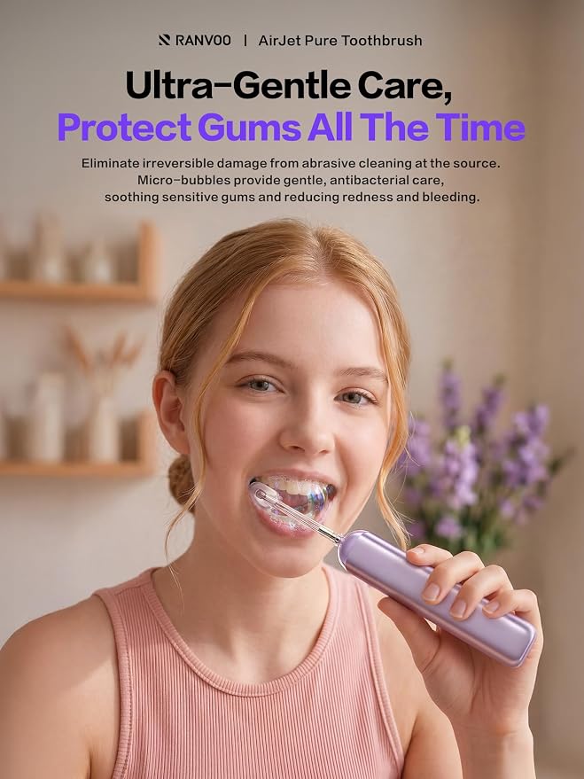 RANVOO AirJet P5 [New-Gen Bubble Brush | Low Friction Advanced Clean] Electric Toothbrush for Adults, Plaque Removal, Teeth Whitening & Gum Care, 90-Day Battery, Travel Case Included, Purple
