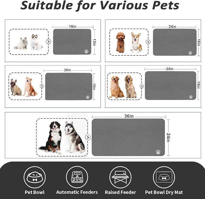 HotLive Dog Food Mat - Absorbent Cat Mat for Food and Water, No Stains Pet Feeding Bowl Mat, Easy to Clean Pet Placemats, Quick Dry Dog Water Dispenser Mat for Messy Drinkers | Paw Dark Grey 16"x 24"