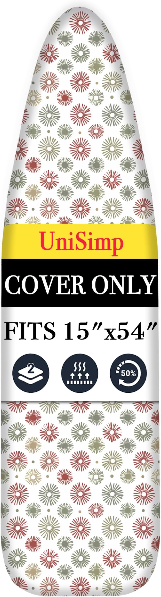 UniSimp Ironing Board Cover and Pad 15"x54" Extra Thick Natural Cotton, Scorch and Stain Resistant Padding, Standard Size Iron Board Cover with Fasteners Heavy Duty Elastic Edge, Heatproof Sunflora