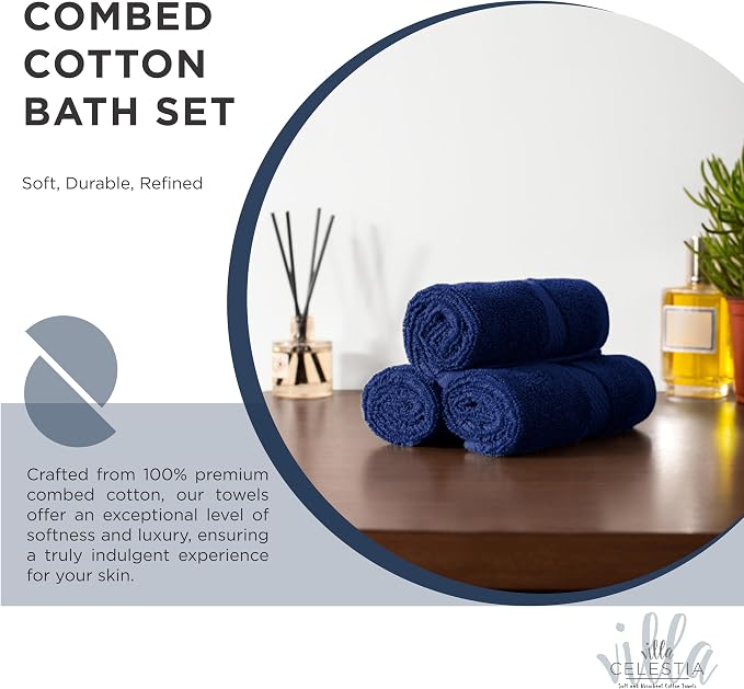 Villa Celestia 24-Piece 100% Cotton Towel Set, 6 Bath Towels, 6 Hand Towels, 12 Wash Cloth, Quick-Dry, Navy Blue