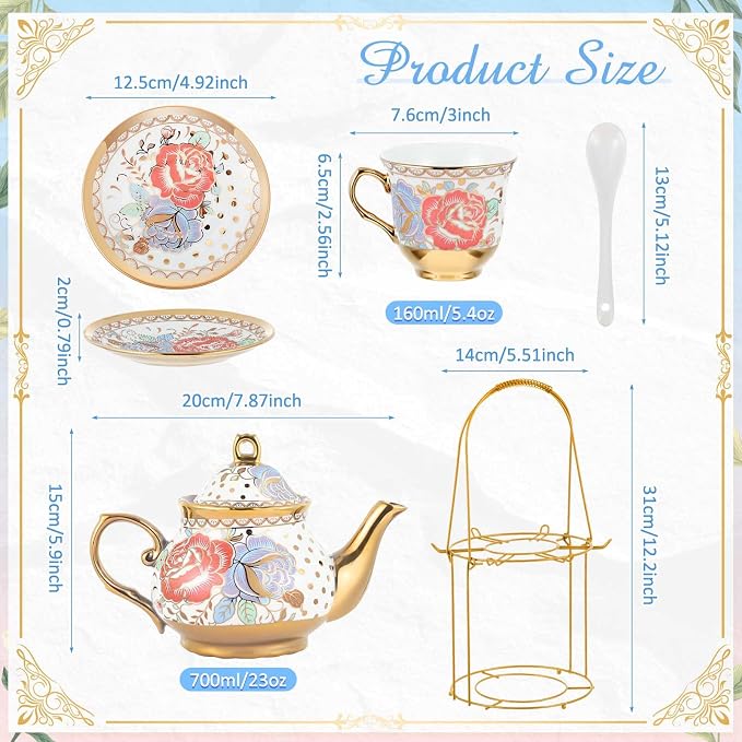 Zhehao 20 Pcs Porcelain Tea Set with Metal Holder and Spoon Adult Ceramic Tea Set European Flower Painting Teapot Cup Saucer Spoon for Women Mom Gift, Large Version (Romantic Style)