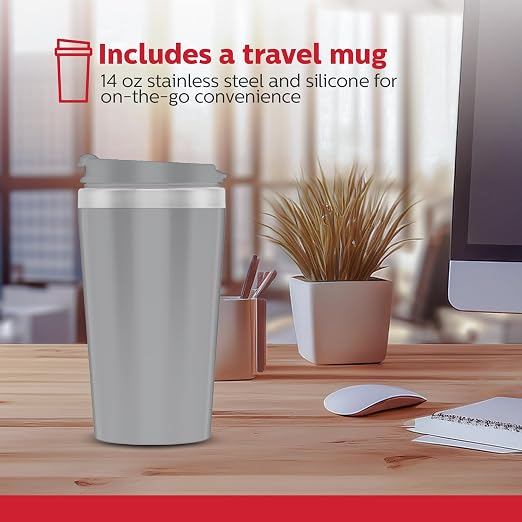 Holstein Housewares Personal Coffee Maker with 14oz Travel Mug – Compact One-Touch Brew Machine with Reusable Filter, Auto Shut-Off, Non-Stick Plate, Ideal for Home, Office, or Dorm. Grey