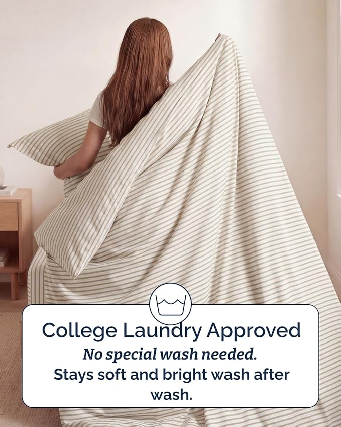 Duvet Cover Twin/Twin XL Size Set - Extra Soft Twin/Twin XL Duvet Cover 68" x 90" with 1 Pillow Sham for Women, Men, Kids & Teens - Easy-Care & Fade Free with Zipper Closures & Ties (Beige Stripes)