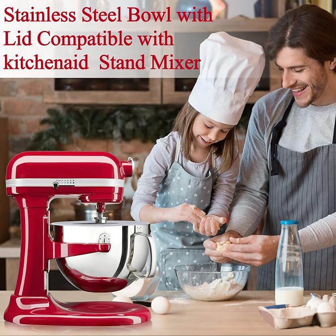 Stainless Steel Lift Bowl Compatible with Kitchenaid 7-qt. Mixing Bowl with Ergonomic Handle and Lid