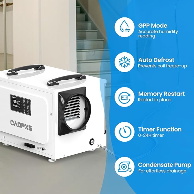 CADPXS Crawl Space Dehumidifier with Pump, 125 Pints Commercial Dehumidifiers with Drain Hose, Dehumidifier for Crawlspace, Basements & Water Damage Use, Memory Restart, cETL, 5 Years Limited Warranty