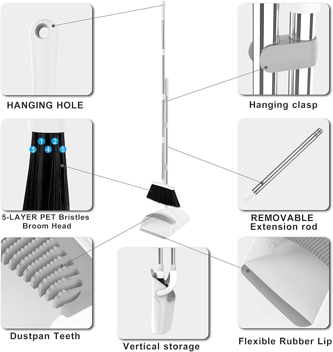 BSKLIN Broom and Dustpan Set for Home, 52" Long Handle Standing Broom Set with Dustpan Self-Cleaning Teeth for Hair Removal Heavy Duty Indoor Outdoor Sweeping Kit for Kitchen Garage (White)