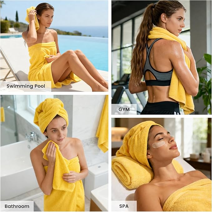 SEMAXE Bath Towel Set, 12 Piece Cotton Towel Set for Bathroom, More Towels for Family Use, Quick Dry with Hanging Loops, Easy Care, Yellow