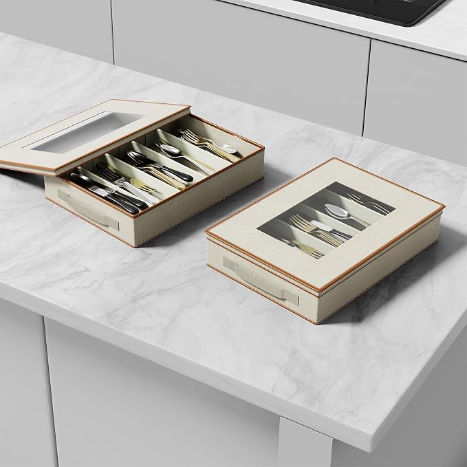 2-Pack Flatware Storage Box, Silverware Organizer with Clear Lid, Ivory | Utensil Storage Case with Adjustable Dividers, Quilted, Stackable, Dual Zippers, Reinforced Handles for Moving and Storage