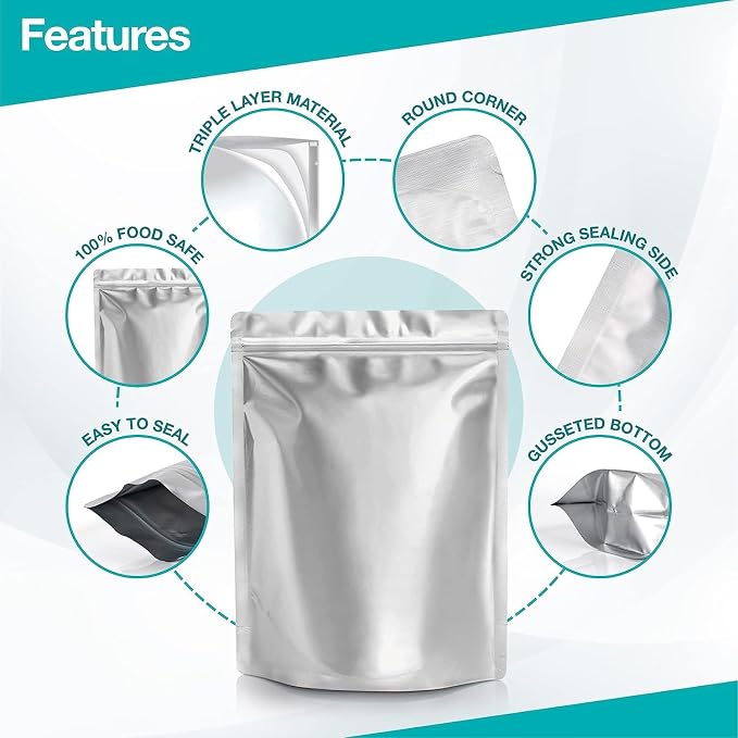 BELLE KR® 50 Pcs 1 Gallon Mylar Bags for Food Storage - 9.5 mil - Stand-up Gal Mylar Bags Reseaable - Includes Label