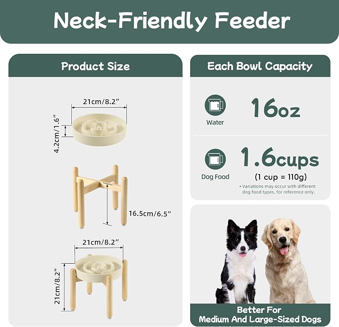 Havniva Elevated Slow Feeder Dog Bowls, Ceramic Dog Bowl Slow Feeder | 1.6 Cups Raised Slow Feeding Bowl for Medium Breed, Puzzle Dog Food Bowl with Wooden Stand, Non-Slip, Anti-Choking