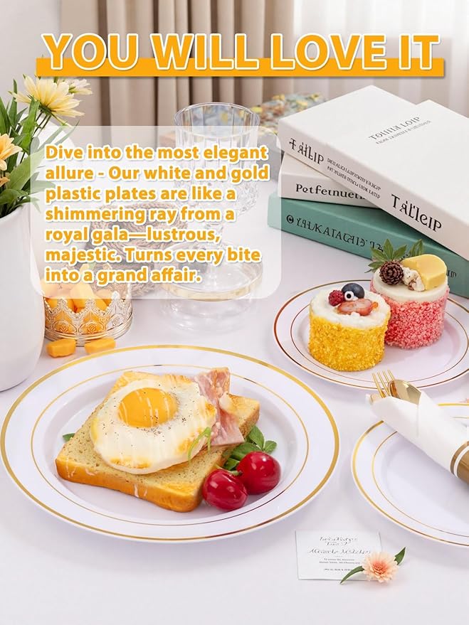 WDF Partyware 175PCS White and Gold Plastic Plates - Gold Plates with Rolled Napkins for Party - 25Guest Disposable Dinnerware Sets for Wedding/Baby Shower/Birthday