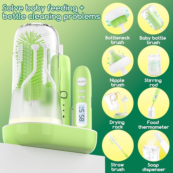 Electric Bottle Brush Cleaner,Wireless Charging Electric Baby Bottle Brush Cleaner,Nipple/Straw/Bottleneck Brush,Food Thermometer,Formula Mixer-IPX7 Waterproof,Travel Bottle Cleaner Kit for Newborn