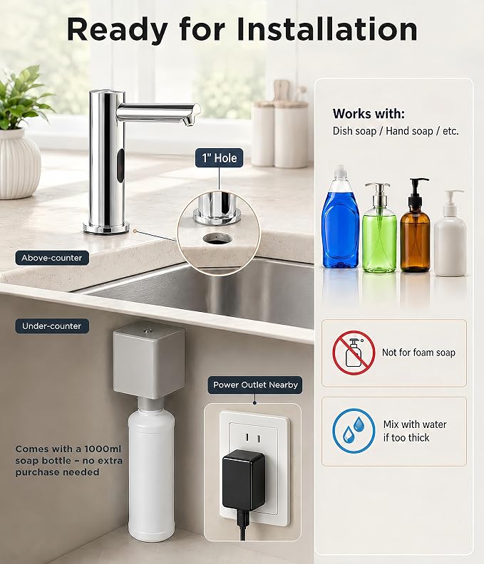 Automatic Touchless Soap Dispenser for Kitchen Sink, 33.81 oz Bottle | Built-In Electric Dish Liquid Soap Dispenser with Infrared Sensor, Plug-In Powered, Fits 1" Hole For Kitchen Bathroom