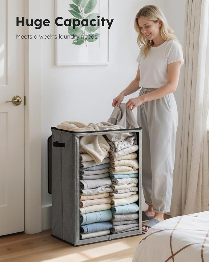 SOLEDI Laundry Hamper with Lid 130L Large & Tall Collapsible Laundry Basket, Clothes Hamper with Bag Removable Easy to Carry, Dirty Hampers for Bedroom, Bathroom, Dorm, College, Grey