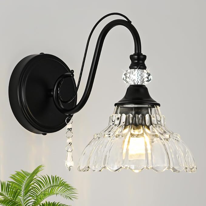 1 Piece Black Wall Sconce, 1-Light Black Farmhouse Wall Sconce with Hanging Crystal Accents and Flower-Shaped Clear Shades for Bathroom Bedroom Living Room,Vintage Vanity Light