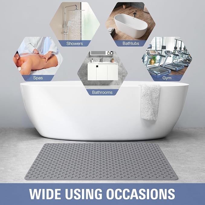OTHWAY Large Shower Mat, 47"x 32" TPE Shower Mat Non Slip, Heavy Shower Floor Mat with Drain Holes and Suction Cups, No Odor Shower Mats for Inside Shower for Elderly Bathroom(D-Grey)
