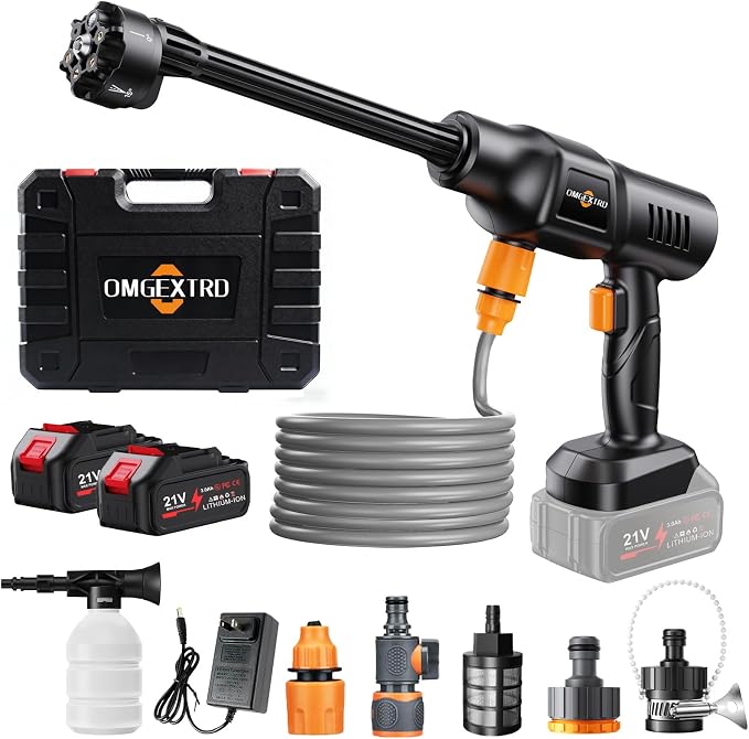 Cordless Car Washer, Portable Cleaning System with 3.0Ah Battery*2, 6-in-1 Nozzle, Foam Sprayer, 17FT Hose, Self-Priming for Car, Garden & Floor Cleaning
