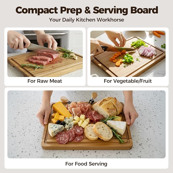 Acacia Wood Cutting Board for Kitchen, 13x10 Inch | Solid Acacia Wood, Versatile Prep and Cheese Serving Surface, Deep Juice Grooves, Non-Slip Silicone Feet, Side Handles