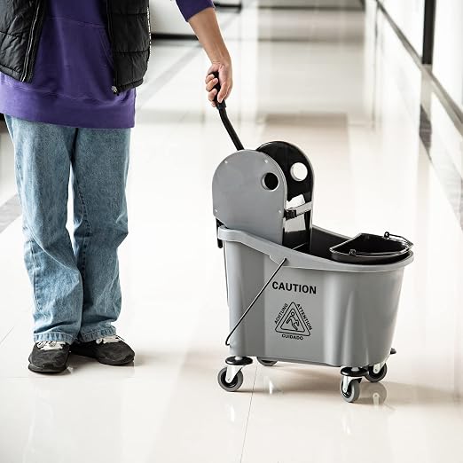 HOMCOM 9.5 Gallon (38 Quart) Mop Bucket with Wringer Cleaning Cart Grey | 4 Moving Wheels, 2 Separate Buckets, Mop-Handle Holder
