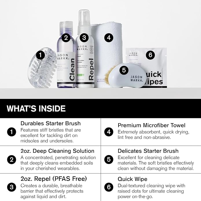 Jason Markk Starter Box & Suede 8-Piece Cleaning Kit Bundle, Suede Brush & Stain Eraser, Deep Cleaning Solution, Two Brushes, & Microfiber Towel, Safe for Leather, Suede, Nubuck, Cotton, Wool, Felt, K