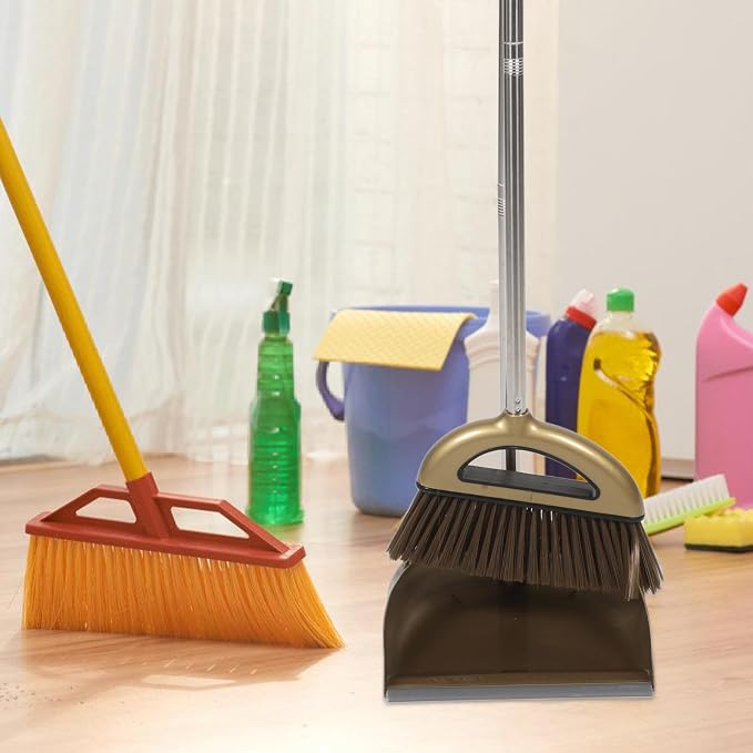 HEMOTON Broom and Dustpan Set with Cleaning Scraper, 3pcs Gold Household Sweeping Kit for Home Floor and Carpet Cleaning