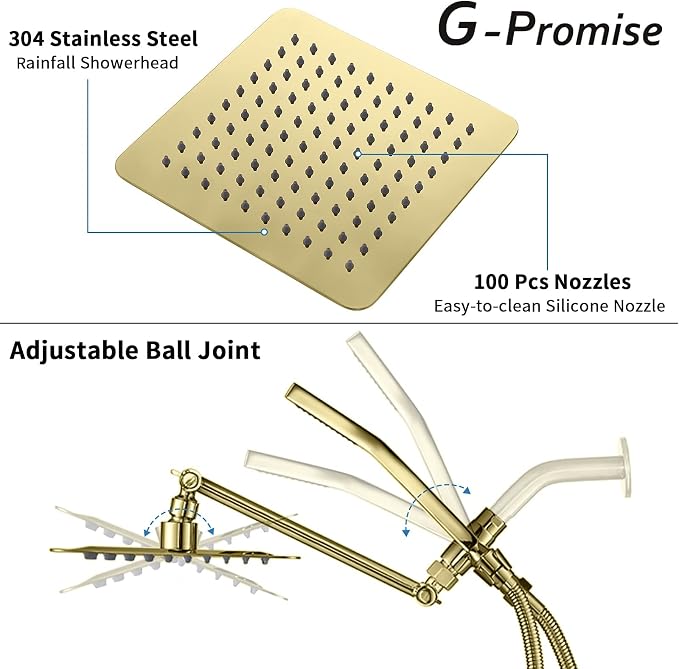 G-Promise All Metal 8 Inch Dual Square Shower Head with Handheld Spray Combo, Rain Shower Head, Adjustable Extension Arm, 3-Way Diverter, 71 Inch Extra Long Hose - A Bathroom Upgrade (Polished Brass)