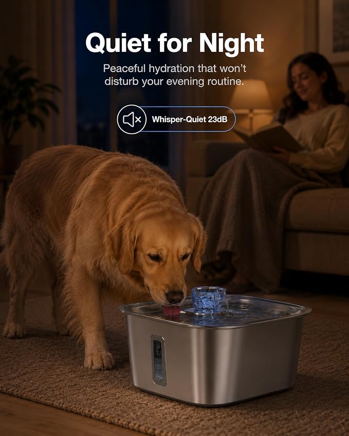 PETNF 3-Gallon Stainless Steel Dog Water Fountain for Large Dogs, Dog Water Bowl Dispenser with 4 Filters, Visible Water Window, Quiet Pump & LED Low-Water Indicator