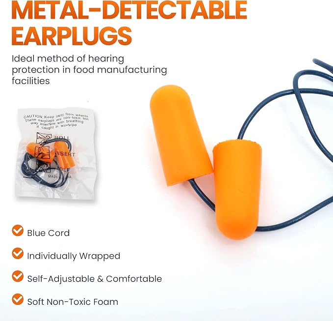 Metal Detectable Foam Earplugs 100 Pair - NRR 32dB with Detectable String - Noise Cancelling, Sound Blocking, Disposable, Corded Earplugs Bulk for Food Services, Industry, Pharmaceutical, Pulp & Paper