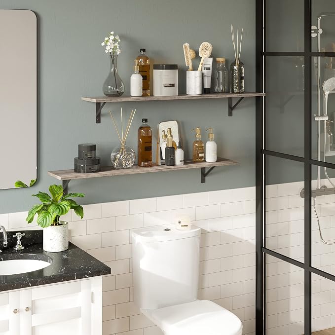 DINZI LVJ Long Wall Shelves, 39.4Inch Wall Mounted Shelves Set of 2, Easy-to-Install, Wall Storage Ledges with Sturdy Metal Brackets for Living Room, Bathroom, Bedroom, Kitchen, Greige