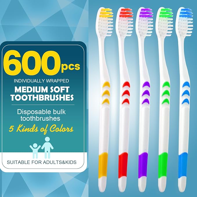 Navona 600 PCS Premium Toothbrushes Bulk, Individually Wrapped Toothbrushes, Disposable Toothbrush, Medium Soft Bristle Bulk Toothbrushe for Travel Hotel Donation, Ergonomics Handle