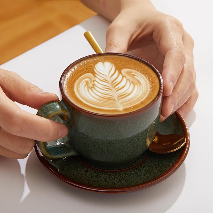 Pokini Stoneware Coffee Cups with Saucers, 6 Oz Cappuccino Cups Set of 4, Microwave & Dishwasher Safe, Perfect For Tea, Espresso, Latte, Ceramic Mugs for Kitchen or Cafe, Brown Green